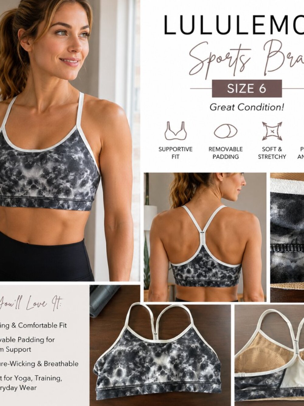 LULULEMON SIZE 6 sports bra with removable padding inserts